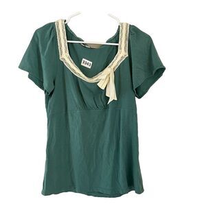 Vtg Y2K Ric Rac Women Green Blouse Large Short Sleeve Lace Ribbon Feminine Girly